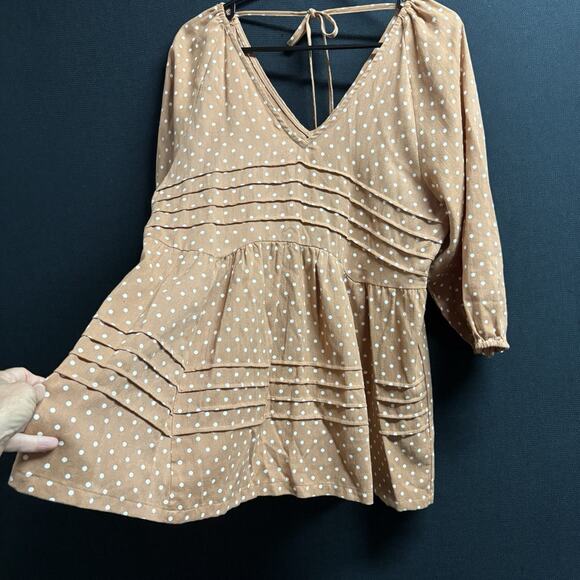 Entro Polka Dot Mini Dress Women’s M Boho V-Neck Tie Back Peasant 3/4 Sleeve - Picture 3 of 9